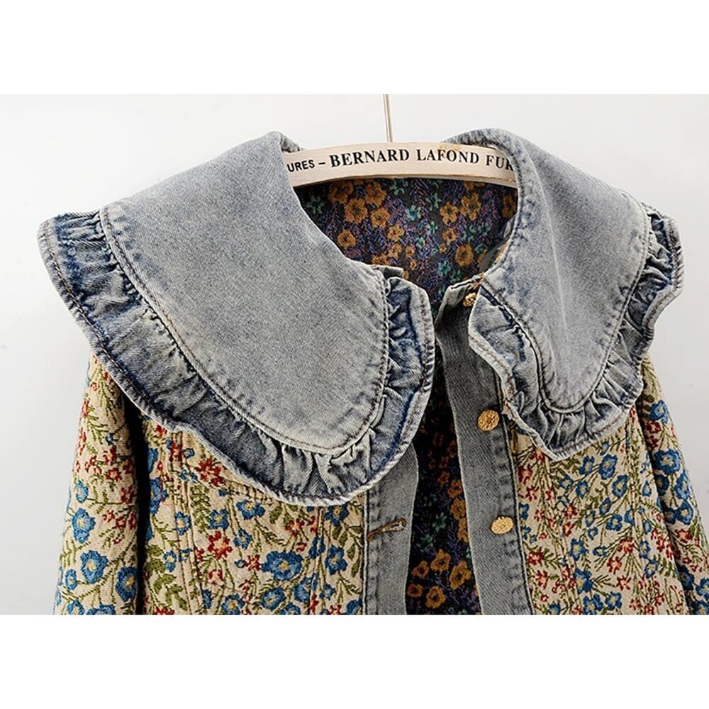 Women’s Sweet Peter Pan Collar S-2XL Long Sleeve Jacquard Denim Jacket Blue - Picture 5 of 6